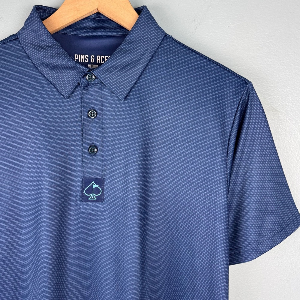 PINS &‎ ACES Men's Medium Navy Blue Faded Rope Polo Shirt Short Sleeve Golf Logo